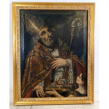 ANTICO DIPINTO OLIO San Nicola Bari VESCOVO MITRA DONNA MODELLO BASILICA '700
