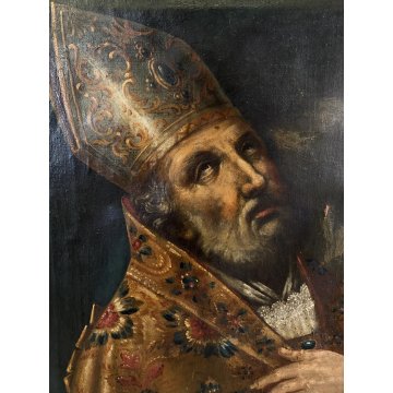 ANTICO DIPINTO OLIO San Nicola Bari VESCOVO MITRA DONNA MODELLO BASILICA '700