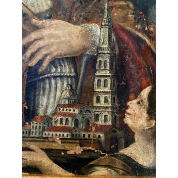 ANTICO DIPINTO OLIO San Nicola Bari VESCOVO MITRA DONNA MODELLO BASILICA '700