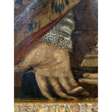 ANTICO DIPINTO OLIO San Nicola Bari VESCOVO MITRA DONNA MODELLO BASILICA '700