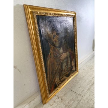 ANTICO DIPINTO OLIO San Nicola Bari VESCOVO MITRA DONNA MODELLO BASILICA '700