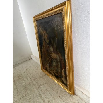 ANTICO DIPINTO OLIO San Nicola Bari VESCOVO MITRA DONNA MODELLO BASILICA '700