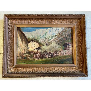 ANTICO DIPINTO OLIO Carlo Follini PAESAGGIO MONTANO APLINO ALPEGGIO BAITE '900