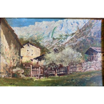 ANTICO DIPINTO OLIO Carlo Follini PAESAGGIO MONTANO APLINO ALPEGGIO BAITE '900