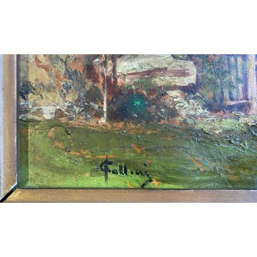 ANTICO DIPINTO OLIO Carlo Follini PAESAGGIO MONTANO APLINO ALPEGGIO BAITE '900