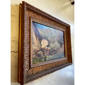 ANTICO DIPINTO OLIO Carlo Follini PAESAGGIO MONTANO APLINO ALPEGGIO BAITE '900