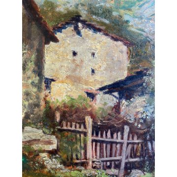 ANTICO DIPINTO OLIO Carlo Follini PAESAGGIO MONTANO APLINO ALPEGGIO BAITE '900