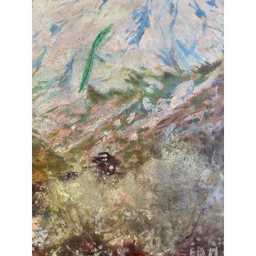 ANTICO DIPINTO OLIO Carlo Follini PAESAGGIO MONTANO APLINO ALPEGGIO BAITE '900