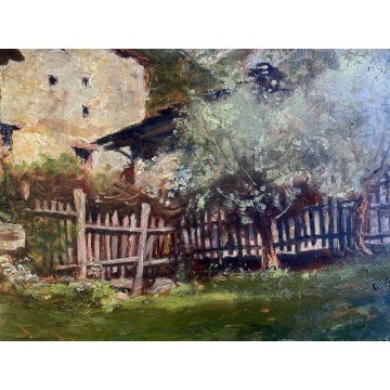 ANTICO DIPINTO OLIO Carlo Follini PAESAGGIO MONTANO APLINO ALPEGGIO BAITE '900