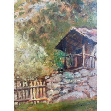 ANTICO DIPINTO OLIO Carlo Follini PAESAGGIO MONTANO APLINO ALPEGGIO BAITE '900