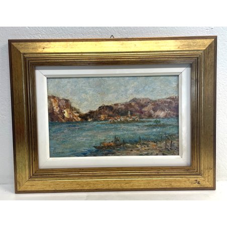 QUADRO DIPINTO OLIO TAVOLA Luigi Ferraris LAGO MAGGIORE ISOLA PESCATORI 1982