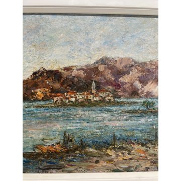QUADRO DIPINTO OLIO TAVOLA Luigi Ferraris LAGO MAGGIORE ISOLA PESCATORI 1982