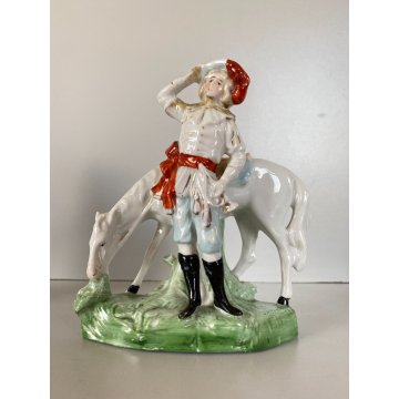 COPPIA STATUINA PORCELLANA POLICROMA NOBILE CAVALIERE DAMA CAVALLO 4948 GERMANY