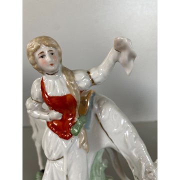COPPIA STATUINA PORCELLANA POLICROMA NOBILE CAVALIERE DAMA CAVALLO 4948 GERMANY