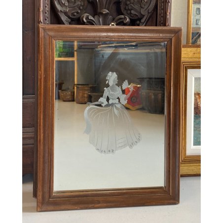 ANTICO SPECCHIO DECORO con DAMA SABBIATO CORNICE LEGNO LIBERTY 37,5 x 48 cm '900