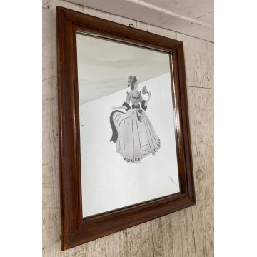 ANTICO SPECCHIO DECORO con DAMA SABBIATO CORNICE LEGNO LIBERTY 37,5 x 48 cm '900