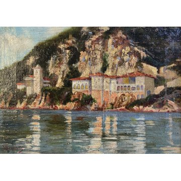 ANTICO QUADRO OLIO G. Barberis VEDUTA EREMO S. Caterina del Sasso LAGO MAGGIORE
