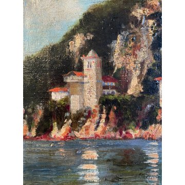ANTICO QUADRO OLIO G. Barberis VEDUTA EREMO S. Caterina del Sasso LAGO MAGGIORE