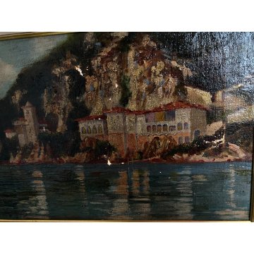 ANTICO QUADRO OLIO G. Barberis VEDUTA EREMO S. Caterina del Sasso LAGO MAGGIORE