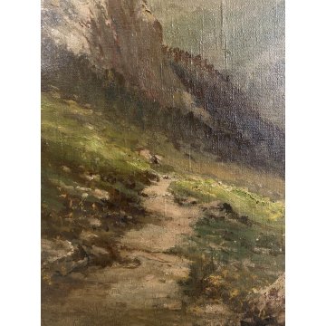 GRANDE ANTICO DIPINTO OLIO F. Attolini "Val Bregalia Ceresole" PAESAGGIO MONTANO