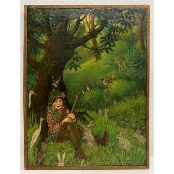 DIPINTO TEMPERA PanKoff CACCIATORE ADDORMENTATO ALBERO ANIMALI FIABA 46x34cm