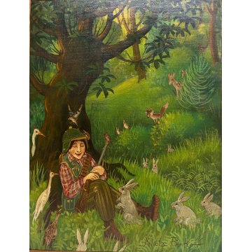 DIPINTO TEMPERA PanKoff CACCIATORE ADDORMENTATO ALBERO ANIMALI FIABA 46x34cm