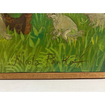 DIPINTO TEMPERA PanKoff CACCIATORE ADDORMENTATO ALBERO ANIMALI FIABA 46x34cm