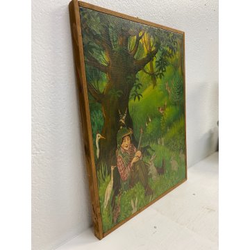 DIPINTO TEMPERA PanKoff CACCIATORE ADDORMENTATO ALBERO ANIMALI FIABA 46x34cm