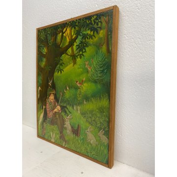 DIPINTO TEMPERA PanKoff CACCIATORE ADDORMENTATO ALBERO ANIMALI FIABA 46x34cm