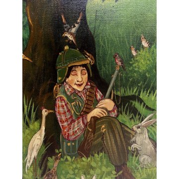 DIPINTO TEMPERA PanKoff CACCIATORE ADDORMENTATO ALBERO ANIMALI FIABA 46x34cm