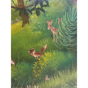 DIPINTO TEMPERA PanKoff CACCIATORE ADDORMENTATO ALBERO ANIMALI FIABA 46x34cm