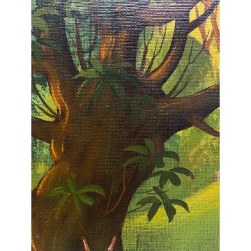 DIPINTO TEMPERA PanKoff CACCIATORE ADDORMENTATO ALBERO ANIMALI FIABA 46x34cm