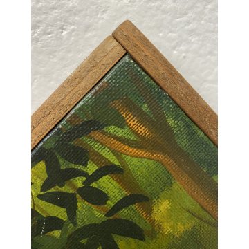 DIPINTO TEMPERA PanKoff CACCIATORE ADDORMENTATO ALBERO ANIMALI FIABA 46x34cm
