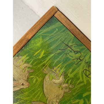 DIPINTO TEMPERA PanKoff CACCIATORE ADDORMENTATO ALBERO ANIMALI FIABA 46x34cm