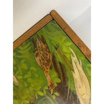 DIPINTO TEMPERA PanKoff CACCIATORE ADDORMENTATO ALBERO ANIMALI FIABA 46x34cm