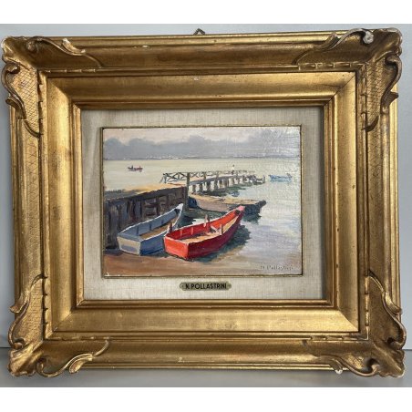 QUADRO DIPINTO OLIO TAVOLA "Natale Pollastrini" MARINA PAESAGGIO MOLO BARCHE 900
