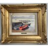 QUADRO DIPINTO OLIO TAVOLA "Natale Pollastrini" MARINA PAESAGGIO MOLO BARCHE 900