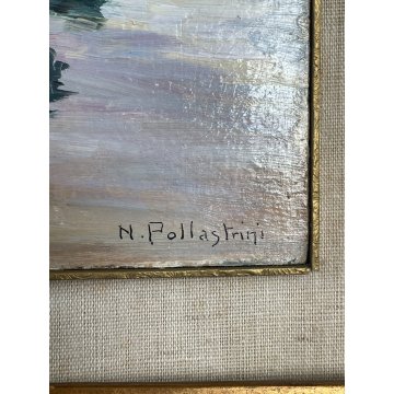 QUADRO DIPINTO OLIO TAVOLA "Natale Pollastrini" MARINA PAESAGGIO MOLO BARCHE 900