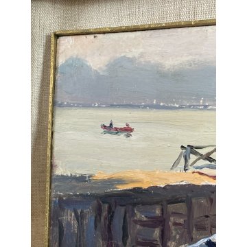 QUADRO DIPINTO OLIO TAVOLA "Natale Pollastrini" MARINA PAESAGGIO MOLO BARCHE 900