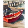 QUADRO DIPINTO OLIO TAVOLA "Natale Pollastrini" MARINA PAESAGGIO MOLO BARCHE 900