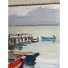 QUADRO DIPINTO OLIO TAVOLA "Natale Pollastrini" MARINA PAESAGGIO MOLO BARCHE 900