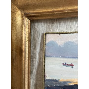 QUADRO DIPINTO OLIO TAVOLA "Natale Pollastrini" MARINA PAESAGGIO MOLO BARCHE 900