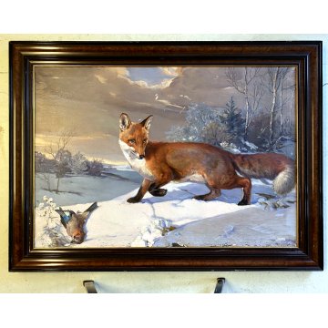 ANTICO GRANDE DIPINTO OLIO VOLPE GHIANDAIA PAESAGGIO INVERNALE NEVE 150x110 cm
