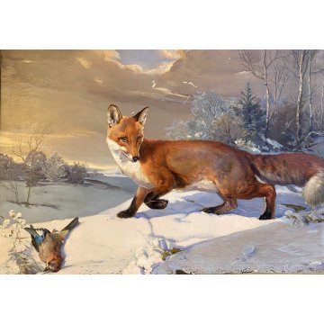 ANTICO GRANDE DIPINTO OLIO VOLPE GHIANDAIA PAESAGGIO INVERNALE NEVE 150x110 cm