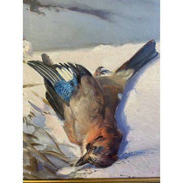 ANTICO GRANDE DIPINTO OLIO VOLPE GHIANDAIA PAESAGGIO INVERNALE NEVE 150x110 cm