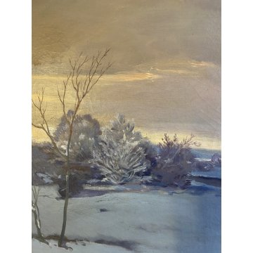 ANTICO GRANDE DIPINTO OLIO VOLPE GHIANDAIA PAESAGGIO INVERNALE NEVE 150x110 cm