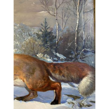 ANTICO GRANDE DIPINTO OLIO VOLPE GHIANDAIA PAESAGGIO INVERNALE NEVE 150x110 cm