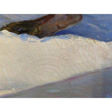ANTICO GRANDE DIPINTO OLIO VOLPE GHIANDAIA PAESAGGIO INVERNALE NEVE 150x110 cm