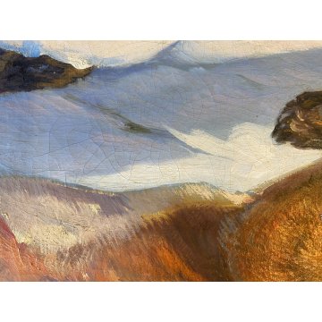 ANTICO GRANDE DIPINTO OLIO VOLPE GHIANDAIA PAESAGGIO INVERNALE NEVE 150x110 cm