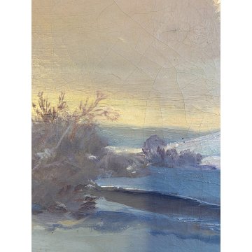 ANTICO GRANDE DIPINTO OLIO VOLPE GHIANDAIA PAESAGGIO INVERNALE NEVE 150x110 cm